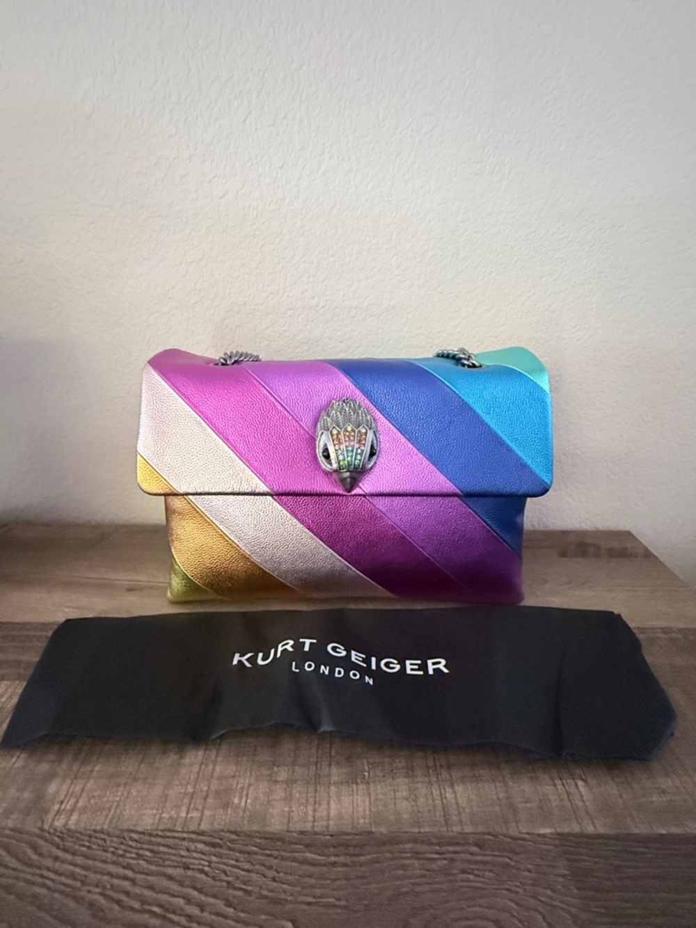 Kurt Geiger Kensington London Leather Metallic Rainbow Stripe XXL Shoulder Bag